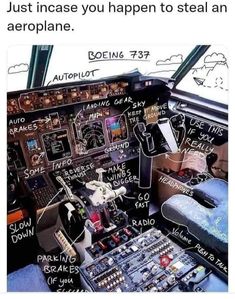 the inside of an airplane cockpit with various controls and other parts labeled in black text