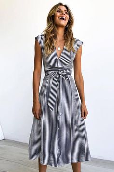 Fashion Elegant V Neck Button Dress Summer Fashion Dresses, Casual Stripes, Button Dress, V Neck Dress, Fashion Classy, Yellow Dress, Summer Dresses For Women, Elegant Fashion