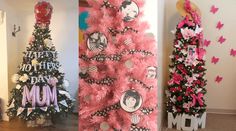 pink christmas trees decorated with pictures and butterflies in the shape of mom's heads