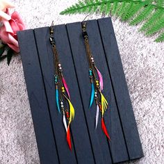 Bohemian Feather Dangle Long Tassel Spring Bohemian Jewelry With Fringe, Bohemian Spring Jewelry With Fringe, Spring Bohemian Fringe Jewelry, Bohemian Dangle Tassel Earrings For Spring, Multicolor Tassel Earrings For Summer Festival, Multicolor Dangle Tassel Earrings For Spring, Multicolor Spring Tassel Dangle Earrings, Multicolor Fringe Tassel Earrings For Spring, Feather Earrings For Summer