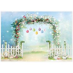 a painting of an easter scene with eggs hanging from a trellis and flowers in the foreground