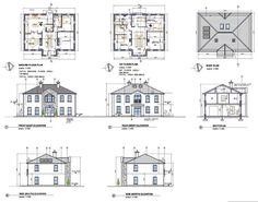 architectural drawings showing different types of houses and their elevations, including the first floor plan