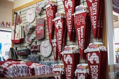 many red and white items are hanging on the wall