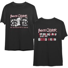 Step back into the wild and rebellious world of rock ‘n’ roll with the Retro Alice Cooper Ol Black Eyes Alternative Band Logo Tops For Music Festivals, Alternative Tops With Band Logo For Music Festivals, Halloween Black Tops With Back Print, Alternative Style Tops With Band Logo For Music Festivals, Black Halloween Tops With Back Print, Black Rocker T-shirt With Band Logo, Black Edgy T-shirt With Front And Back Print, Black Band Logo Top For Music Festivals, Black Band Logo Top For Concert