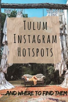 a couch sitting on top of a lush green field under a wooden frame with the words tulm instagram hotspots and where to find them