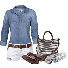 summer outfit; love the white shorts with dark tan shoes Mode Hippie, Summer Shorts Outfits, Casual Chique, Tan Shoes, French Chic, Dark Tan, Outfit Combinations