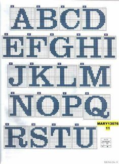 the cross stitch alphabet is shown with numbers and letters in blue, white and yellow