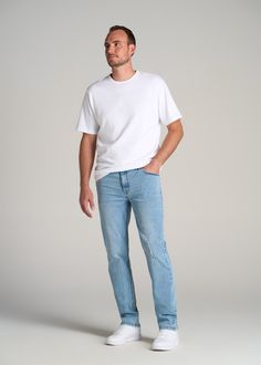 Casual Outfits For Tall Guys, Mens Straight Jeans Outfit, Men’s Straight Leg Jeans Outfit, Men’s Simple Style, Men’s Blue Jeans, Mens Comfy Outfits Casual, Men’s Straight Leg Jeans, Man Jeans Outfit, Mid Size Men Outfits