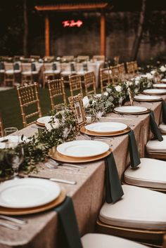 gold and green, wedding decor, long tables, wedding, neon sign, Napa photographer Emerald Green And Gold Outdoor Wedding, Champagne And Deep Green Wedding Theme, Green And Gold Wedding Aesthetic, Green And Gold Outdoor Wedding, Gold And Green Table Setting Wedding, Fall Wedding Table Cloth Ideas, Copper And Hunter Green Wedding, Dark Green Gold White Wedding, Brown Green And Gold Wedding