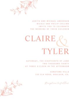 a wedding card with flowers and leaves on the front, in pink ink against a white background