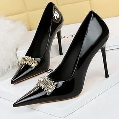 Shining Rhinestone Patent Leather High Heels Elegant Heels With Rhinestone Rivets, Formal Rhinestone Rivets Heels, Chic Black Heels With Rhinestone Rivets, Formal Black Heels With Rhinestone Rivets, Black Heels With Rhinestone Rivets For Evening, Black Heels With Rhinestone Rivets For Formal Occasions, Nude Stiletto Heels, Blue Stilettos, Nude High Heels