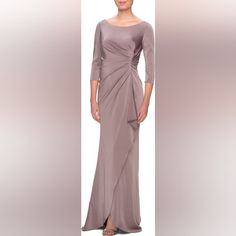 Beautiful Long Gown With Quarter Sleeve, Front Ruching And Back Hidden Zipper Silver Ruched Dress For Formal Occasions, Silver Ruched Formal Dresses, Elegant Gray Ruched Dress, Fitted Gray Dress For Mother Of The Bride, Fitted Gray Evening Dress For Mother Of The Bride, Gray Gown For Mother Of The Bride, Trumpet Gown, Dresses Plus Size, Bateau Neck