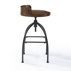 an adjustable stool with wooden seat and metal frame, viewed from the front angle on a white background