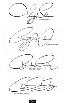 four different types of handwriting are shown in black and white, including one with the word's name on it