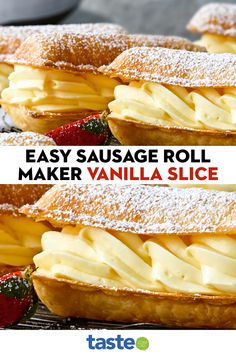 easy sausage roll maker vanilla slice with strawberries and powdered sugar on the side