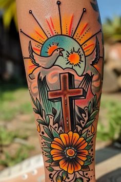 Rooted In Faith Tattoo, Cross On Hill Tattoo, Cross And American Flag Tattoo, El Paso Texas Tattoo, Cross And Verse Tattoo, Oklahoma Tattoo Ideas For Women, Christian Tattoo Sleeve Women, Traditional Tattoo For Son, Christian Traditional Tattoo