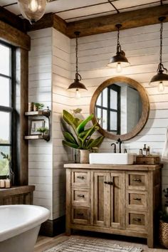 a bathroom with a tub, sink and mirror