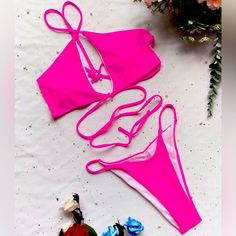 Neon Pink Strappy Swimsuit Split Beach Bikini . Exactly Like The Picture, New , Good Quality. Halter Neck Cutout Swimwear For Vacation, Beachy Halter Neck Swimwear For Party, Cutout Triangle Top Swimwear For Vacation, Vacation Swimwear With Cutout Triangle Top, Triangle Top Swimwear With Cutout For Vacation, Halter Neck Cutout Tankini For Vacation, Beach Party Cutout Triangle Top Swimwear, Cutout Triangle Top Swimwear For Beach Party, Pink Backless Swimwear For Vacation