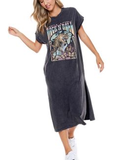 Rock N Roll vintage graphic mineral washed T-shirt dress. Features tacked sleeves and side slits on both sides. Pair with a sneaker for the ultimate comfort chic look. Comfort Chic, Rock Dresses, Maxi Romper, Graphic Tee Dress, Crop Top Sweatshirt, Long Sleeve Kids, Graphic Logo, Vintage Graphic, Girl Coat