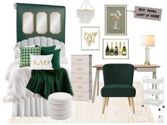 a bedroom with green and white decor on the walls, bedding, dressers, chair, table and pictures hanging on the wall