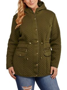 Yoki Women's Olive Green Quilted Fleece Hooded Jacket Stay comfortable out in the cold without sacrificing your sense of style with th the trendy Women's Plus-size Quilted Fleece Jacket. Made of soft but durable polyester, this jacket has a cozy quilted fleece outer, while the inner has a smooth lining to prevent the jacket from feeling stuffy. The hood helps protect you from the elements, while the full zip front closure provides a secure fit. There's also an adjustable waist with a drawcord to Quilted Fleece Jacket, Fleece Jackets, Green Quilt, Snap Button, Fleece Jacket, Hooded Jacket, Military Jacket, Varsity Jacket, Olive Green