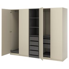 an open cabinet with drawers and shelves on the bottom, next to another closed cabinet