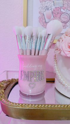 Custom makeup brush holder can be used for makeup brushes or pens. Perfect accessory for any vanity or desk. ✨ Aesthetic Makeup Brushes, Brush Holder Makeup, Makeup Backgrounds, Background Stand, Custom Makeup, Organizer Makeup, Vanity Ideas, Vanity Makeup, Makeup Brush Holder