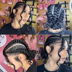 Four Cornrow Braids Into Bun, Up Down Braid Hairstyles Black, Butterfly Scalp Braid, Four Braids With Curls, Butterfly Braid Cornrows, Four Butterfly Braids, Butterfly Straight Backs Braids, 2 Buns With Braids, Butterfly French Braid