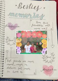 a notebook with an image of two people and flowers on the page, which is written in cursive writing