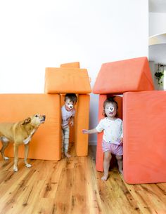 two small children playing in an orange play house with a dog standing next to it