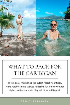 a woman standing in the ocean next to a palm tree and an advertisement with text that reads, what to pack for the caribean