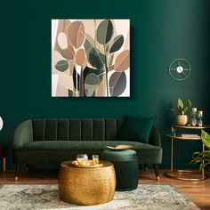 a living room with green walls and a gold coffee table in front of the couch