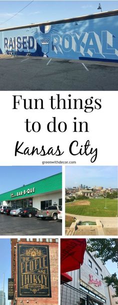 the kansas city sign and its name are featured in this collage with words that read fun things to do in kansas city