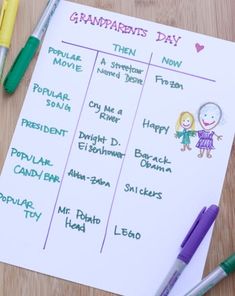 a table with markers, pens and paper on it that says grandparents's day