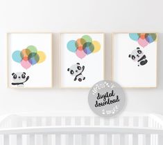 three panda bears are hanging on the wall next to a crib with balloons in it