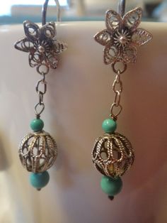 Pretty Vintage Sterling Silver Dangle Globe by LuckyCharmsFarms Vintage Wire Wrapped Dangle Jewelry, Ornate Turquoise Filigree Jewelry, Turquoise Filigree Earrings For Gift, Turquoise Filigree Earrings As Gift, Globe Earrings, Earrings Turquoise, Colored Stones, Turquoise Color, Vintage Sterling Silver