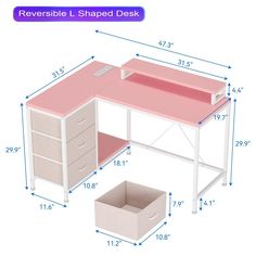 a pink desk with drawers and storage bins on the bottom, measurements for each drawer