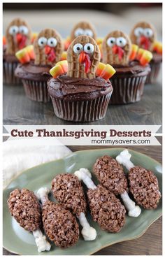 chocolate cupcakes decorated like turkeys with white icing and frosting on top