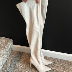 Steve Madden Size 8, Over The Knee Leather Boot Never Worn, Perfect Condition, Tags Still On 5 Inch Heel Party Beige Faux Leather Boots, Cream High Heel Faux Leather Boots, Beige Pointed Toe Synthetic Boots, Beige Synthetic Boots With Pointed Toe, Beige Leather Party Boots, Cream Leather Heeled Boots For Party, Elegant Beige Synthetic Boots, Beige Leather Knee-high Heels, Beige Pointed Toe Heeled Boots In Faux Leather