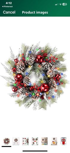 a christmas wreath with ornaments and pine cones on the front, surrounded by photoshopped images