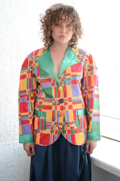 Vintage multicolour authentic abstract print cotton jacket with pockets on the front. UK size not written but looks flexible like 12-14. Model size on the photo is 8. Measurements: length 26 inches, sleeve 23 inches, chest 43 inches, waist 40 inches. Casual Multicolor Blazer With Pockets, Multicolor Outerwear With Pockets For Work, Multicolor Workwear Outerwear With Pockets, Multicolor Printed Blazer For Work, Multicolor Long Sleeve Outerwear With Vibrant Print, Fall Printed Multicolor Blazer, Multicolor Blazer With Pockets For Work, Multicolor Blazer With Pockets For Workwear, Printed Cotton Outerwear For Work