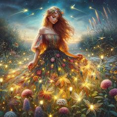 a painting of a woman in a dress surrounded by fireflies and dandelions