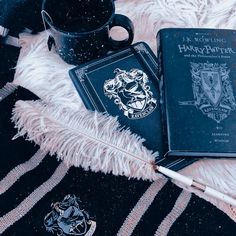 two harry potter notebooks and a pen are on a blanket next to a mug