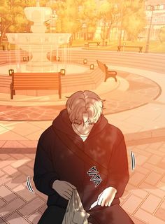 an anime character sitting on the ground in front of a bench