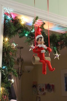 toilet paper roll elf swing Elf With Toilet Paper, Places To Put The Elf On The Shelf, Elf In Toilet Paper Roll, Elf Swinging On Toilet Paper Roll, Elf Paper Towel Roll, Swinging Elf On The Shelf, Elf Toilet Paper Tree, Elf On The Shelf Bubble Wrap, Vintage Elf On The Shelf