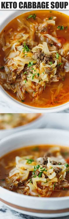 two pictures showing different types of soup in white bowls