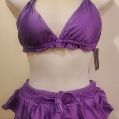 Beach Joy 2-Piece Bathing Suit Skirt Style Bottom With Bathing Suit Panty Attached Under Skirt Top Lightly Padded Purple Size Large Top: Fabric-80% Nylon 20% Spandex Lining-100% Nylon Bottom: Fabric-80% Nylon 20% Spandex Lining-100%Nylon Purple Bathing Suit Aesthetic, Fitted Sets For Vacation In Solid Color, Fitted Vacation Sets In Solid Color, Fitted Solid Color Vacation Sets, Fitted Solid Color Sets For Vacation, Purple Swim Shorts For Vacation, Purple Short Swimwear For Vacation, Summer Two-piece Swimwear For Party, Summer Party Two-piece Swimwear