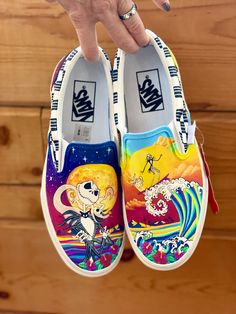 nightmare before christmas vans Craft With Fabric, Painted Vans Shoes, Vans Shoes Custom, All White Vans, Alice In Wonderland Shoes, Custom Painted Vans, Hand Painted Vans, Custom Painted Shoes, Momma Bear