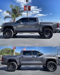 two pictures of the same truck parked in a parking lot, one is gray and the other is black