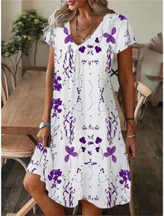 Women's Casual Loose Fitting Short Sleeved Dress Short Sleeved Dress, Loose Fitting Dresses, Sleeved Dress, Vestido Casual, Feminine Look, Types Of Dresses, Purple Dress, Women's Casual, Floral Print Dress